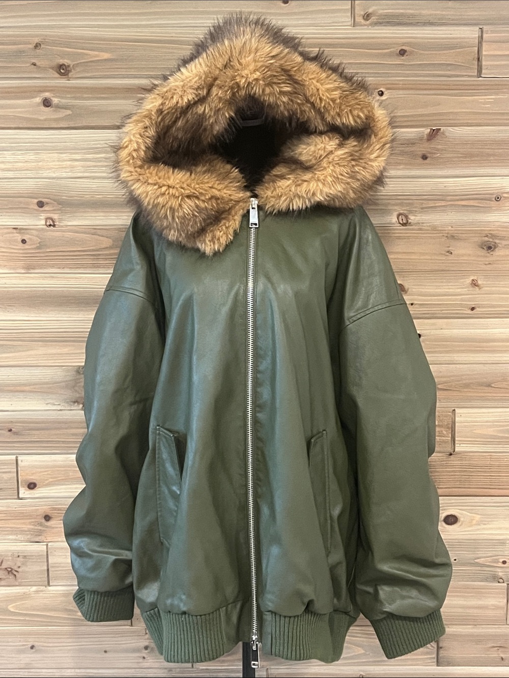 Ashley Graham Olive Green Faux Leather Bomber Jacket with Brown Faux-Fur Hood